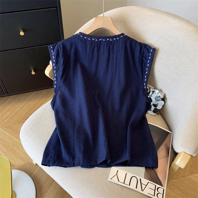 Korean Style Sleeveless Cotton Linen Vest Women Embroidered Summer Top