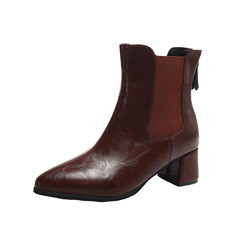 Coarse heel short boots autumn and winter new square head medium heel versatile niche thin boots popular zipper women's boots