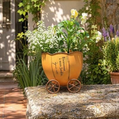 Retro Pumpkin Cart Planter Decorative Metal Flowerpot with Drainage Hole Stylish Plant Pot
