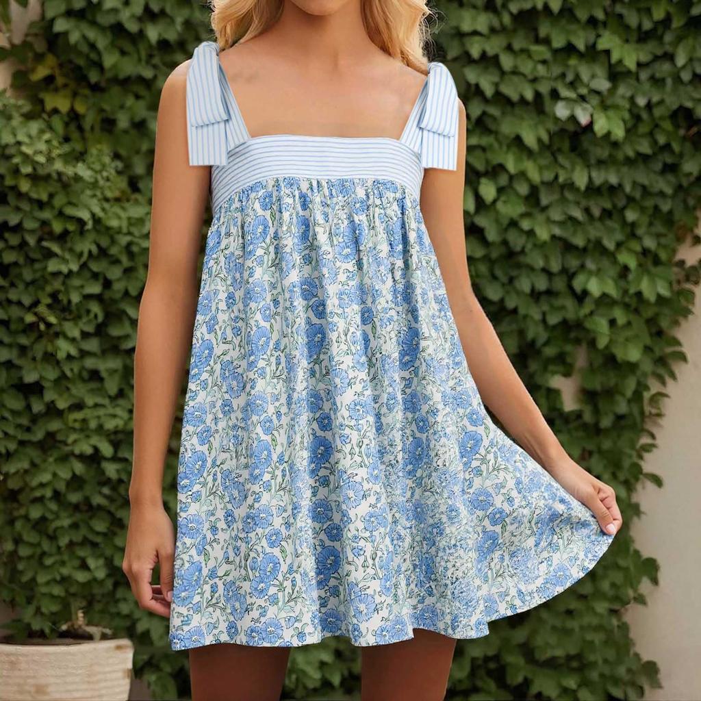 Dámské šaty s květinovou mašlí, roztomilé čtvercové výstřih, volné plážové minišaty, odhalená záda, bohémské letní šaty