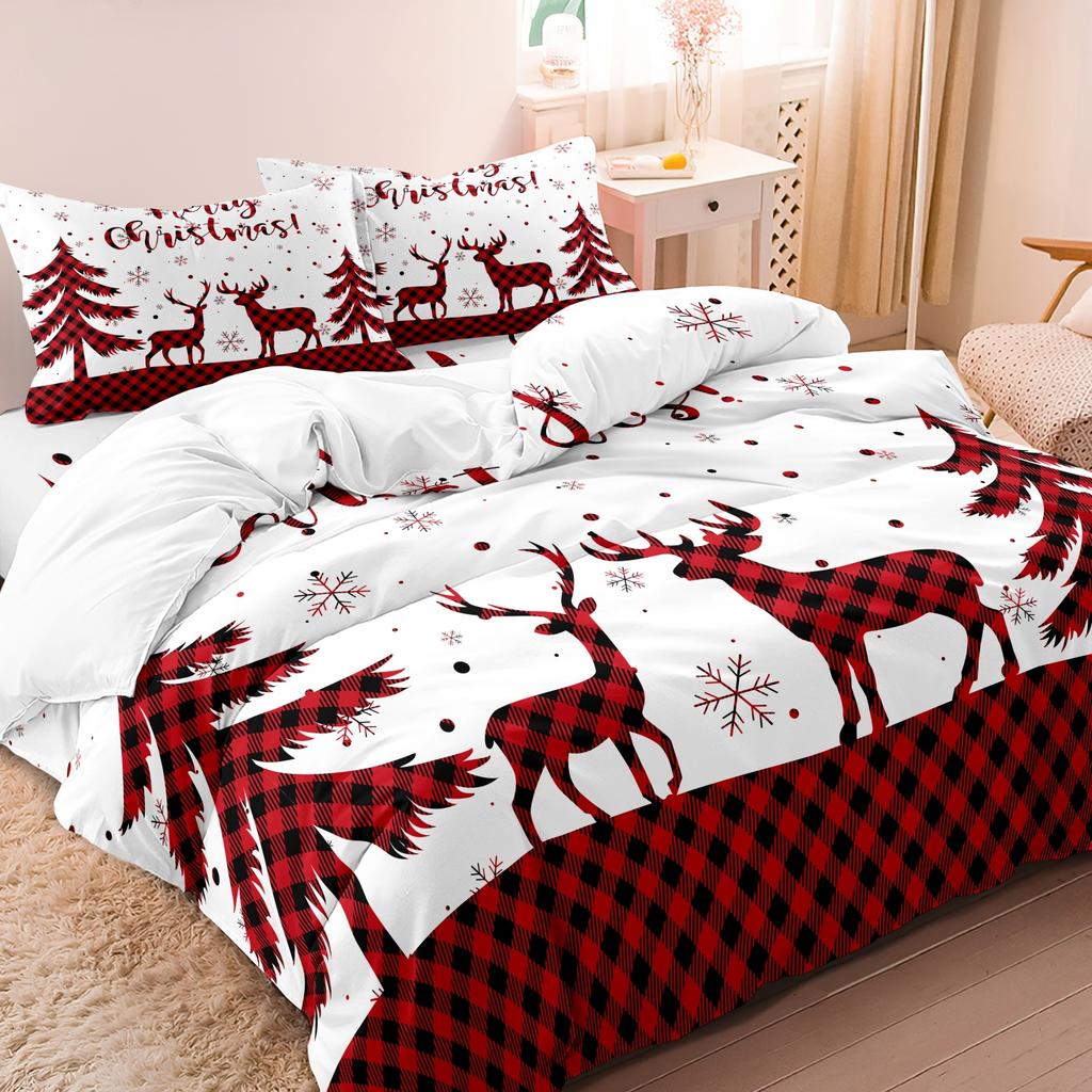 3pcs Christmas Duvet Cover Set - Festive Reindeer &Tree Design Red Grid Checkered Pattern Christmas Bedding | Christmas Gift