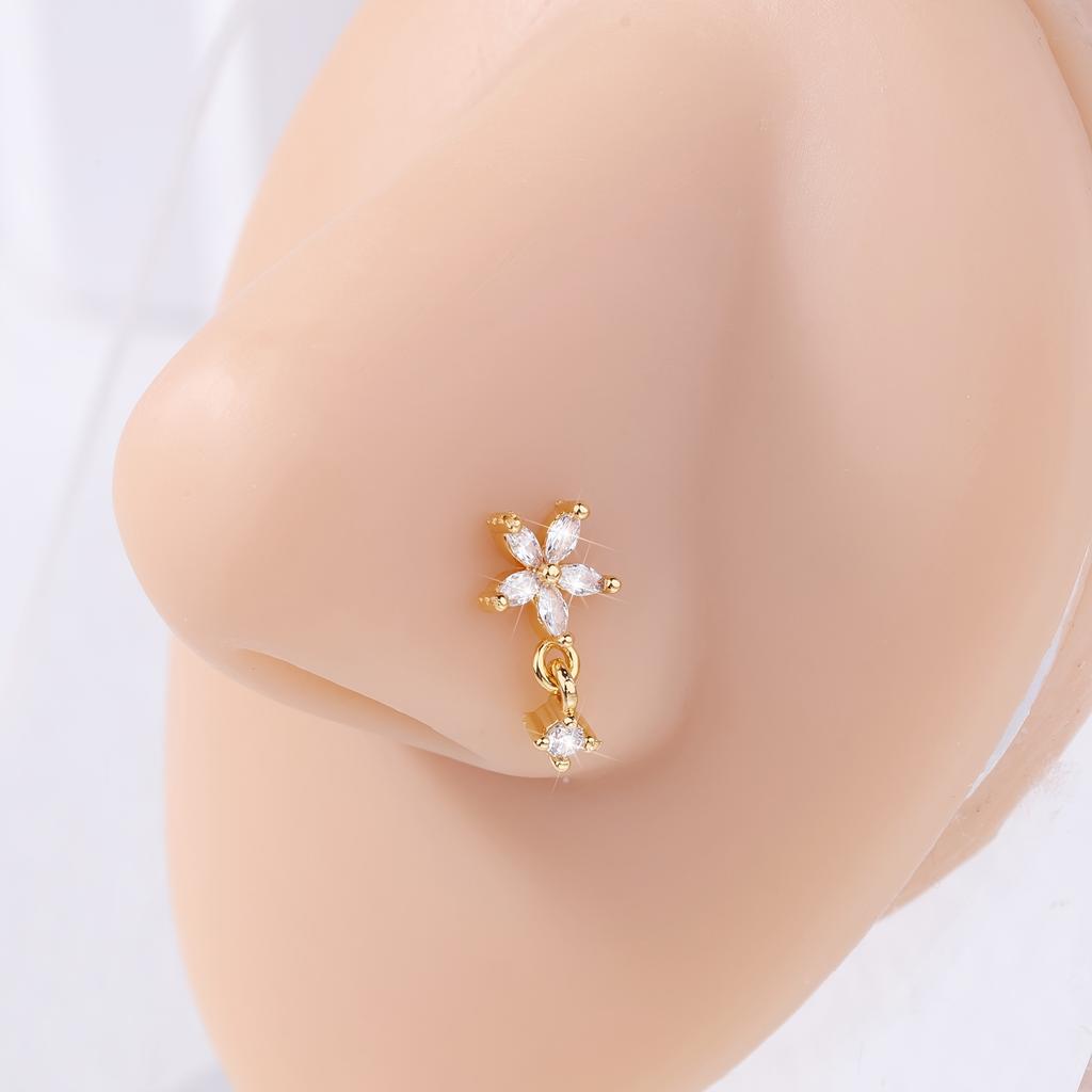 1pc L-Shaped Nose Ring Piercing - Stainless Steel Hypoallergenic 5-Petal Flower Pendant, French Nose Stud for Women