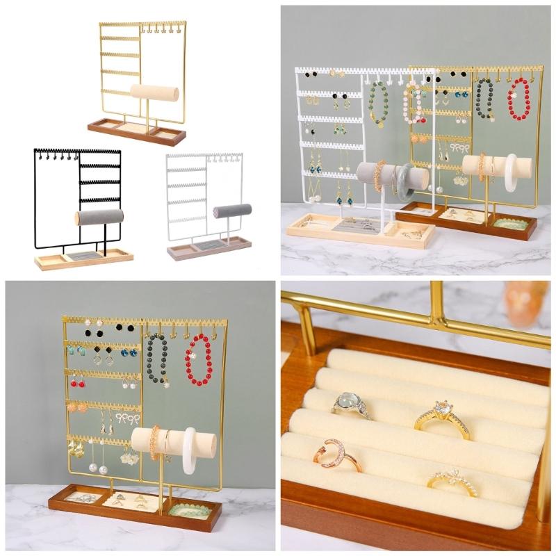 Organisateurs de bijoux élégants Support à colliers et boucles d'oreilles multicouches avec plateau en bois naturel pour la décoration de la maison