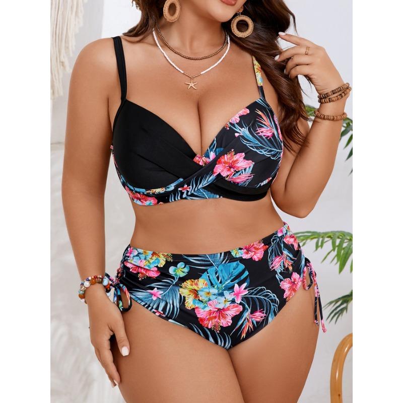 Women's Tropical Floral Print Cross Wrap High Waisted Bikini Set with Drawstring Sides