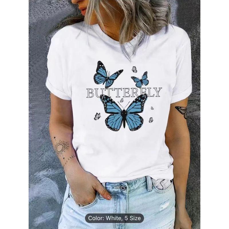 Maglietta estiva girocollo stampata, alla moda, casual, carina, a maniche corte, da donna, in puro cotone