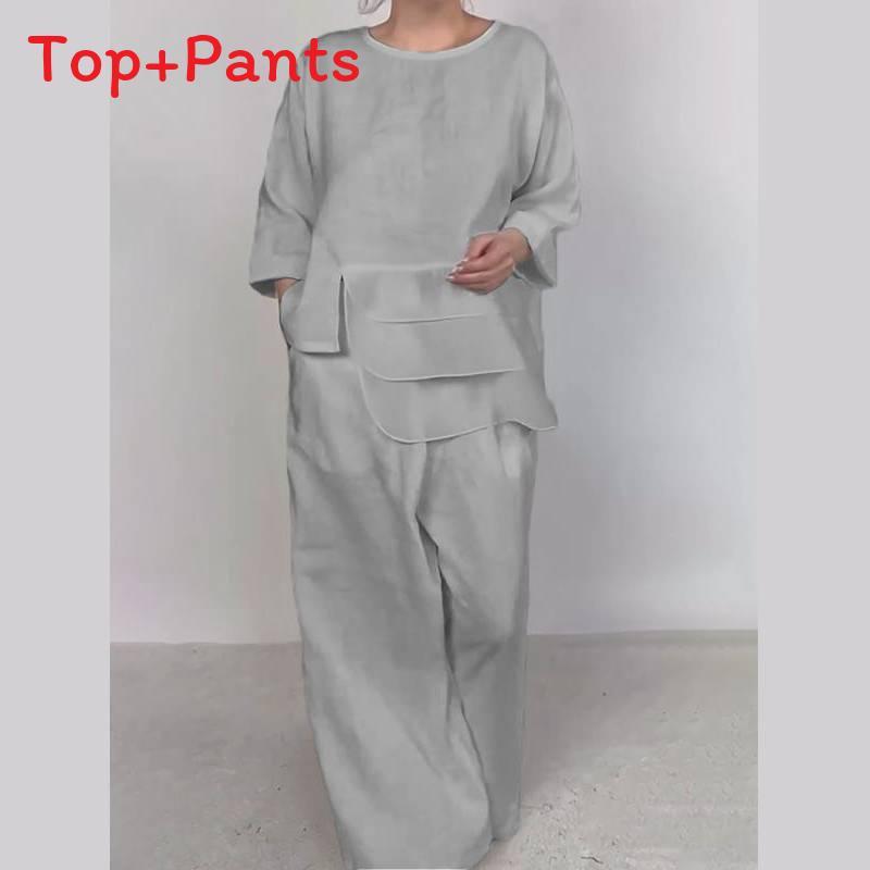Classic Satin Shirt And Wide Leg Pants Set For Women With Pockets For Fall
