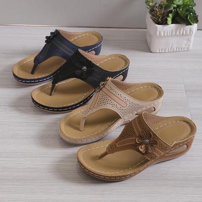 Sandalias casuales con clip en el dedo grande para mujeres que usan chanclas de playa florales de suela gruesa