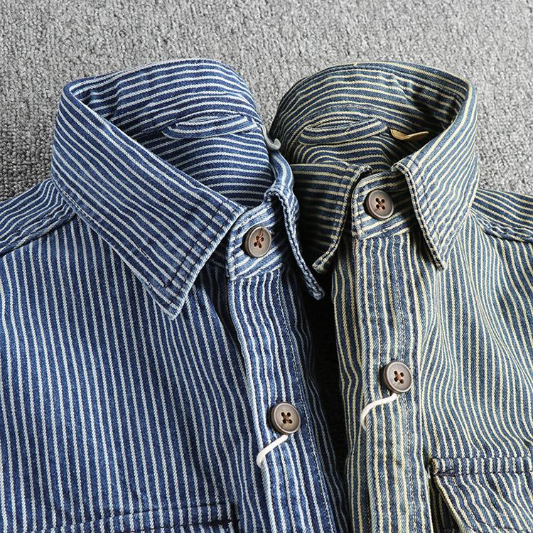 Color Woven Striped Fabric Washed for Vintage Workwear Denim Shirt Men's Trendy Casual Shirt Jacket