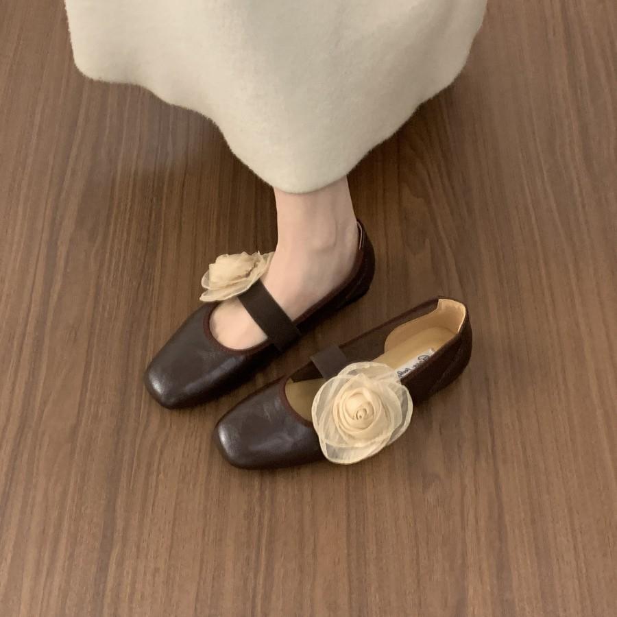 French Retro Flower Square Head Shallow Mouth Single Shoes Women'S Shoes Spring And Autumn Word With Flat Mary Jane Shoes