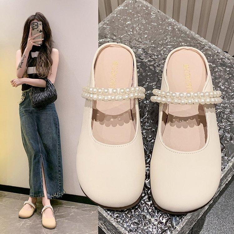 Baotou half slippers women's summer wear 2025 new flat Mary Jane single shoes pearl one pedal Muller sandals