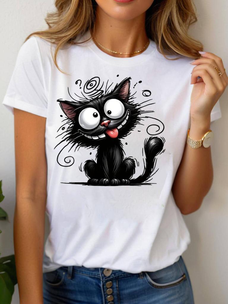 Cute Cartoon Cat Print Unisexs T Shirt Casual Round Neck Short Sleeve Lightweight Comfortable For Wear Tops Tee Female Tshirt