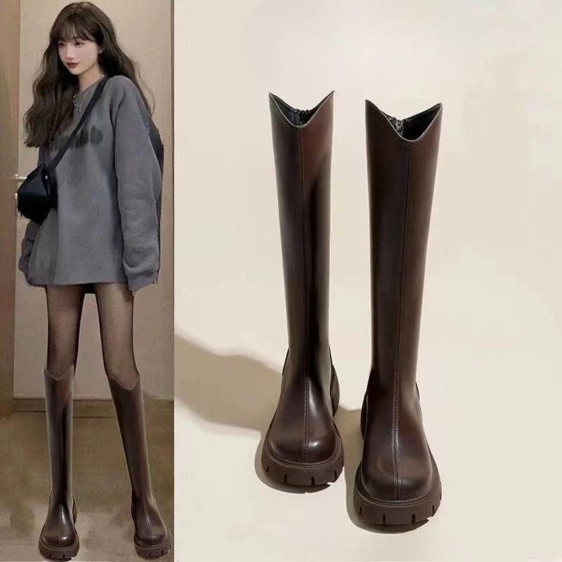 Long Boot Women's New Hit Style Thick-soled Wide-heel High-top Shoes Soft Leather Boots