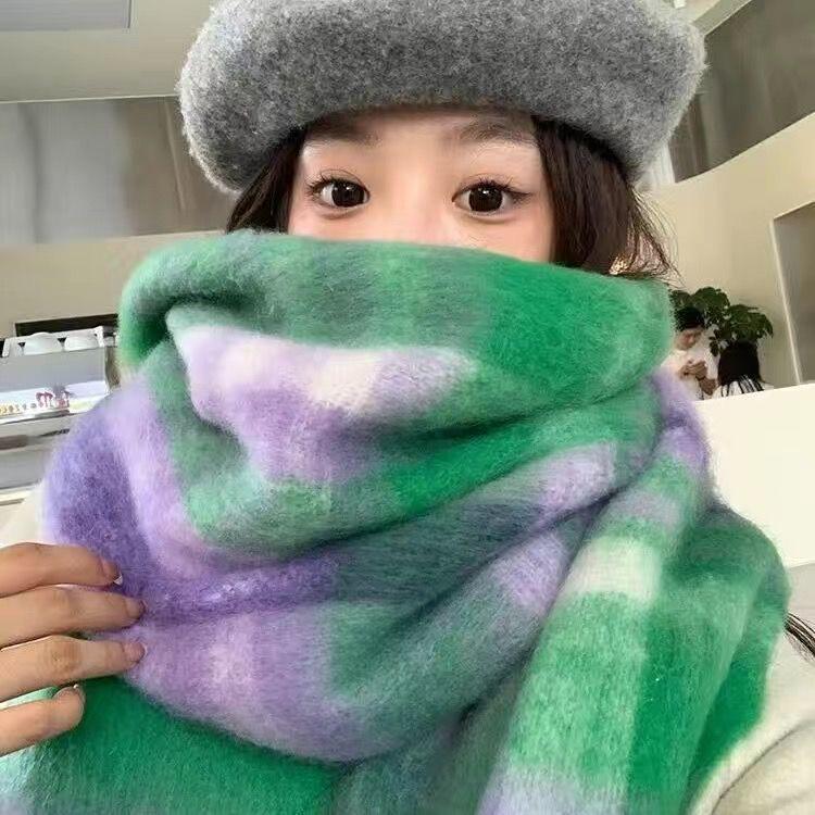 Women's Thick Plaid Yarn Scarf - Versatile, Warm, College Style for Fall/Winter