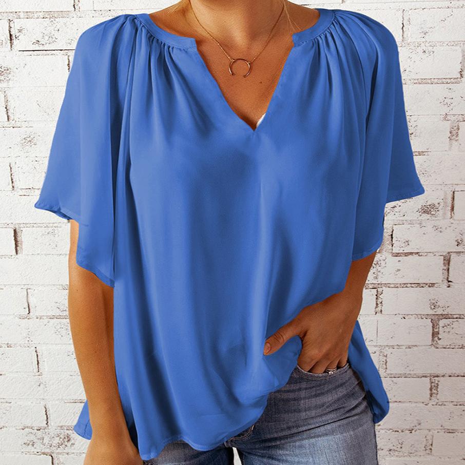 

Летняя женская мода сплошной цвет шифоновая футболка свободные складки повседневный топ S синий