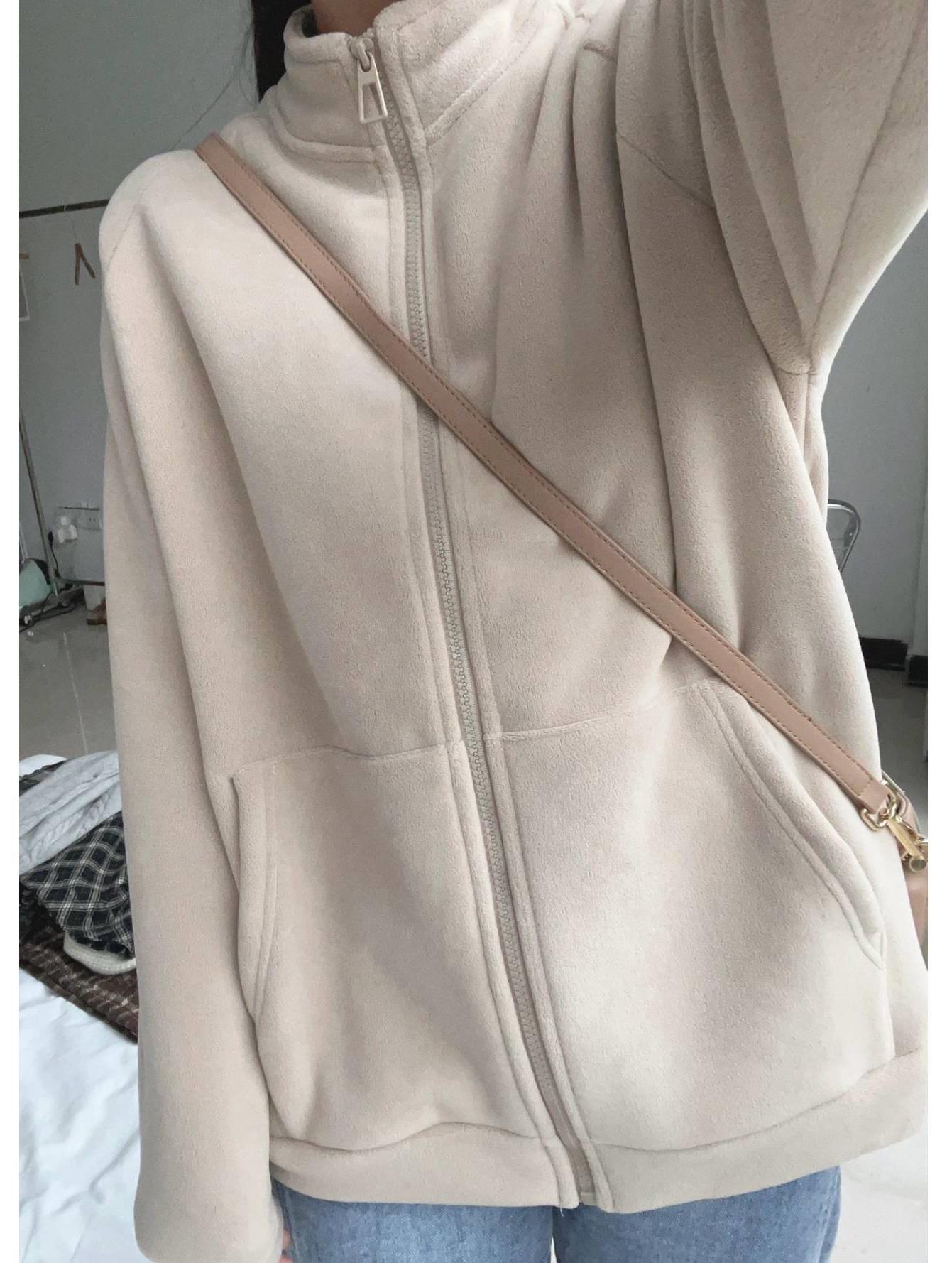 

Женская флисовая куртка с воротником-стойкой Осень/Зима 2023: Ленивый стиль, свободный крой, толстый и теплый. XL абрикосовый