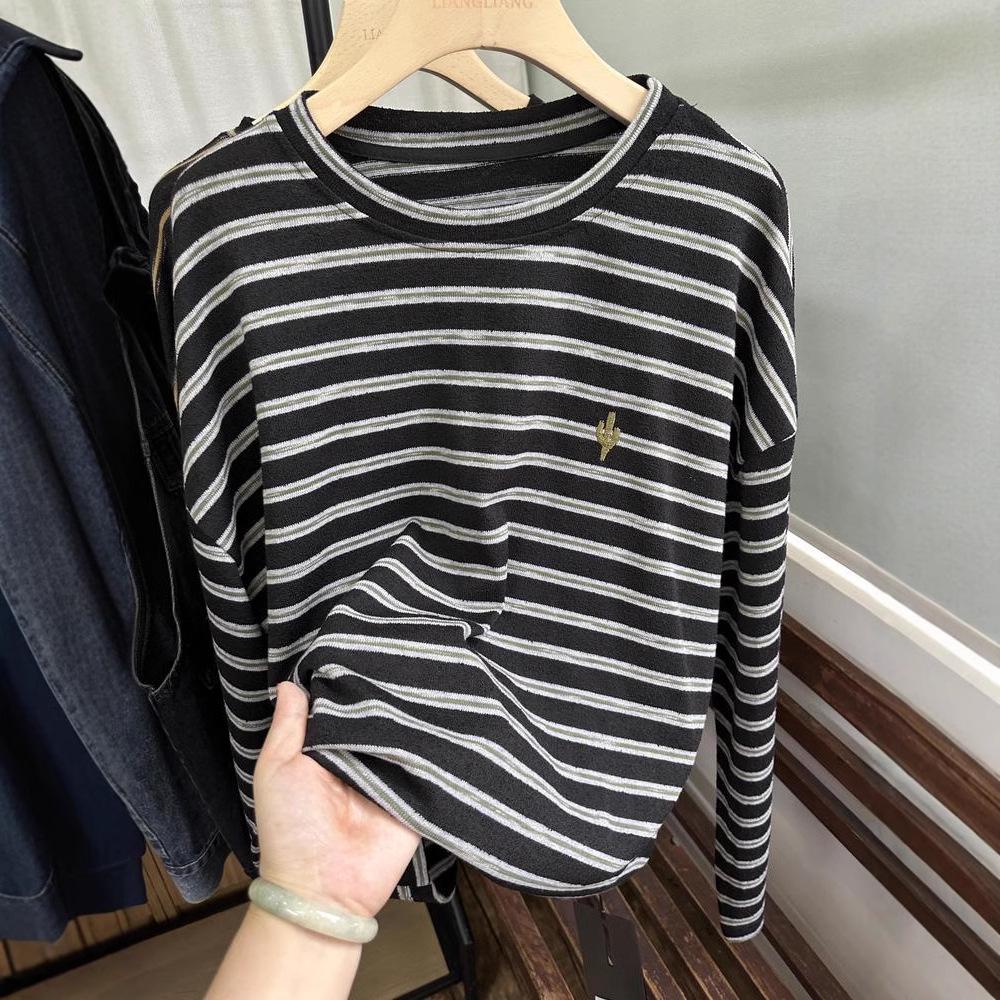 Xiao Wang's 52009 Autumn Korean-Style Loose Plus Size Casual Striped Round Neck Long Sleeve T-shirt