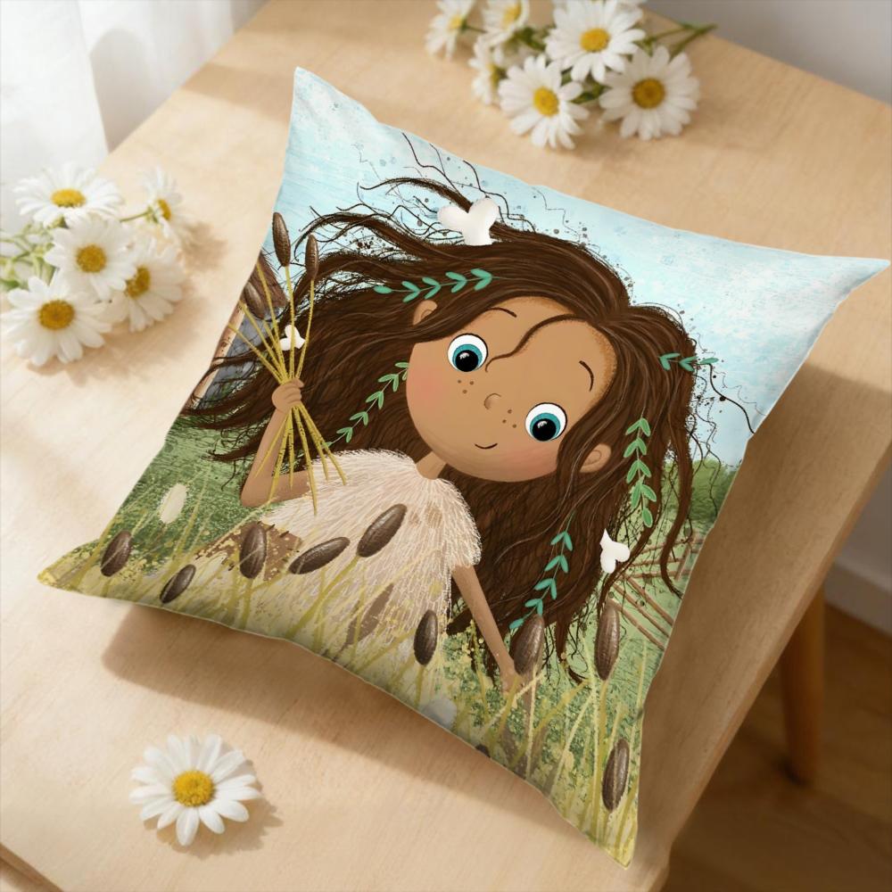 1pc Cartoon Girl Cushion Cover Multicolor Floral Print Pillowcase For Sofa Bedroom Home Decor Soft Comfortable Throw Case