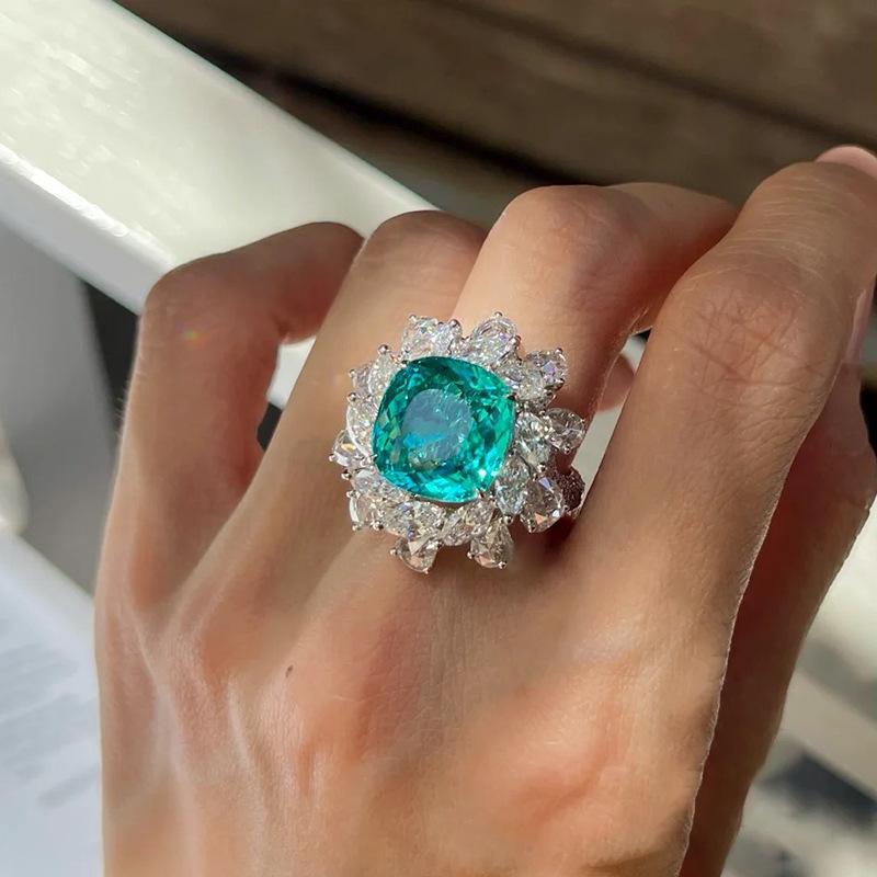 Paraiba Green Flower Ring Women'S Luxury Full Diamond Imitation Emerald Sunflower Ring
