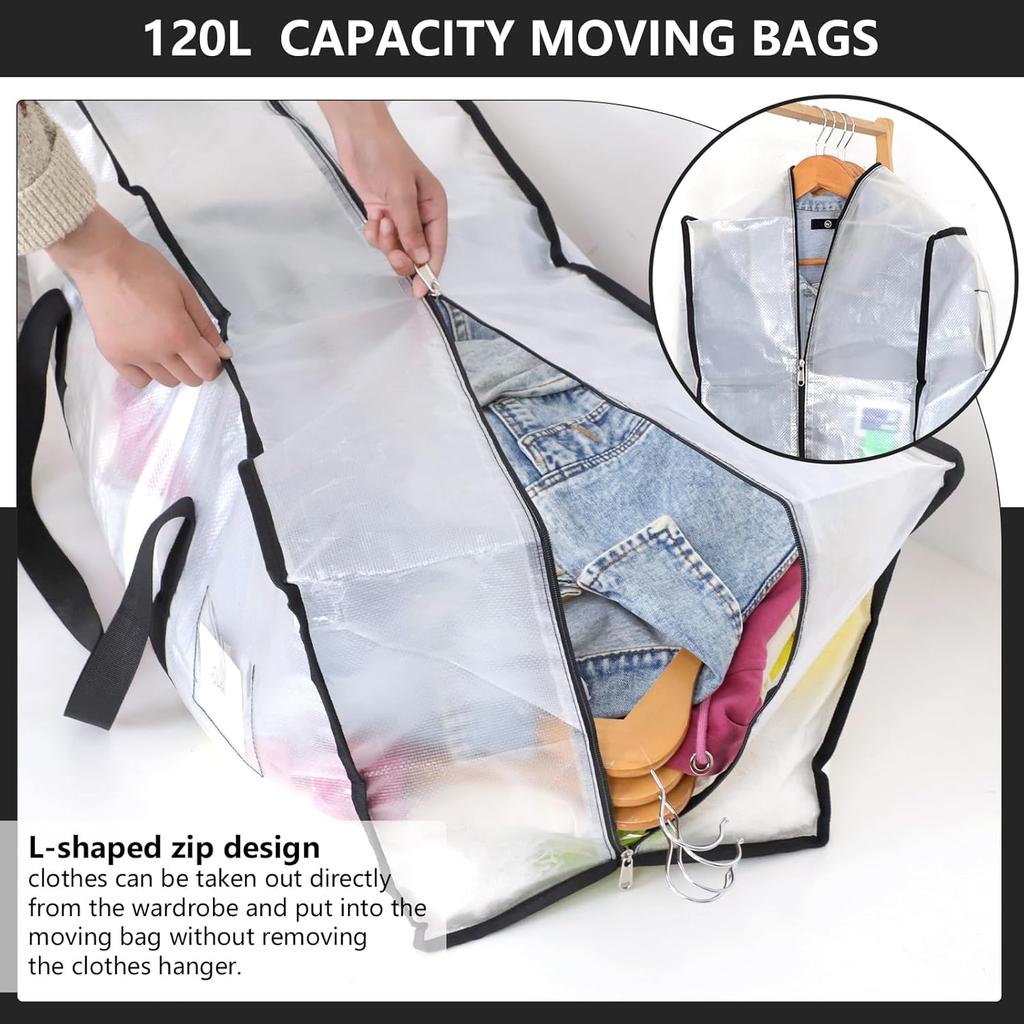 4 Pack 120L Moving Bags, Heavy Duty Moving Totes, Clear Waterproof Storage Bag with Zips