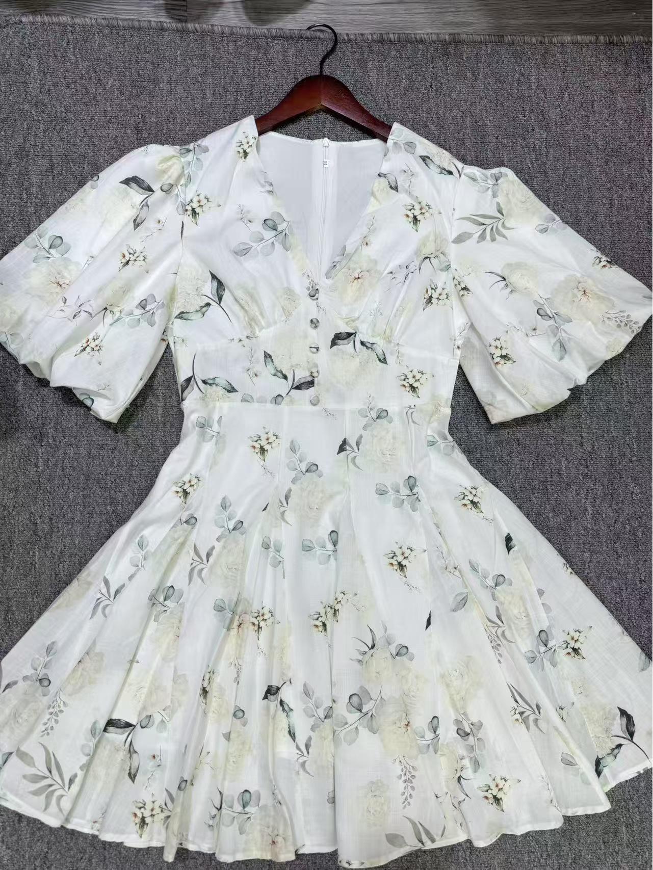 2025 Summer High-Waisted Floral French Print Puff Sleeve Skirt for Women S