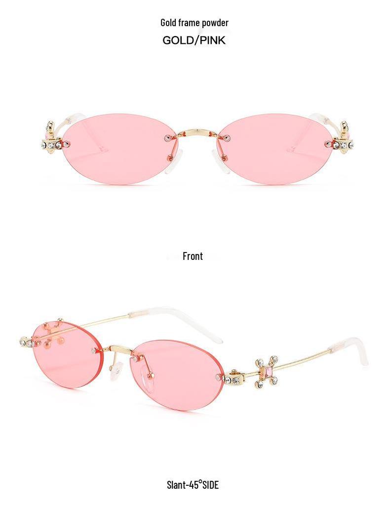Jennie Style Frameless Oval Sunglasses with Rhinestones & Anti-Blue Light Lenses