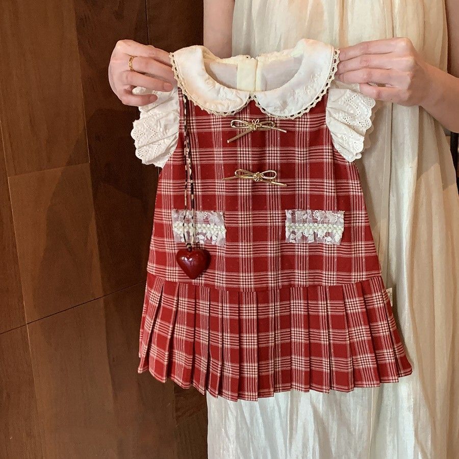 Girls Summer Preppy Red Plaid Sleeveless Dress Cute Ruffle Hem Casual Sundress 90