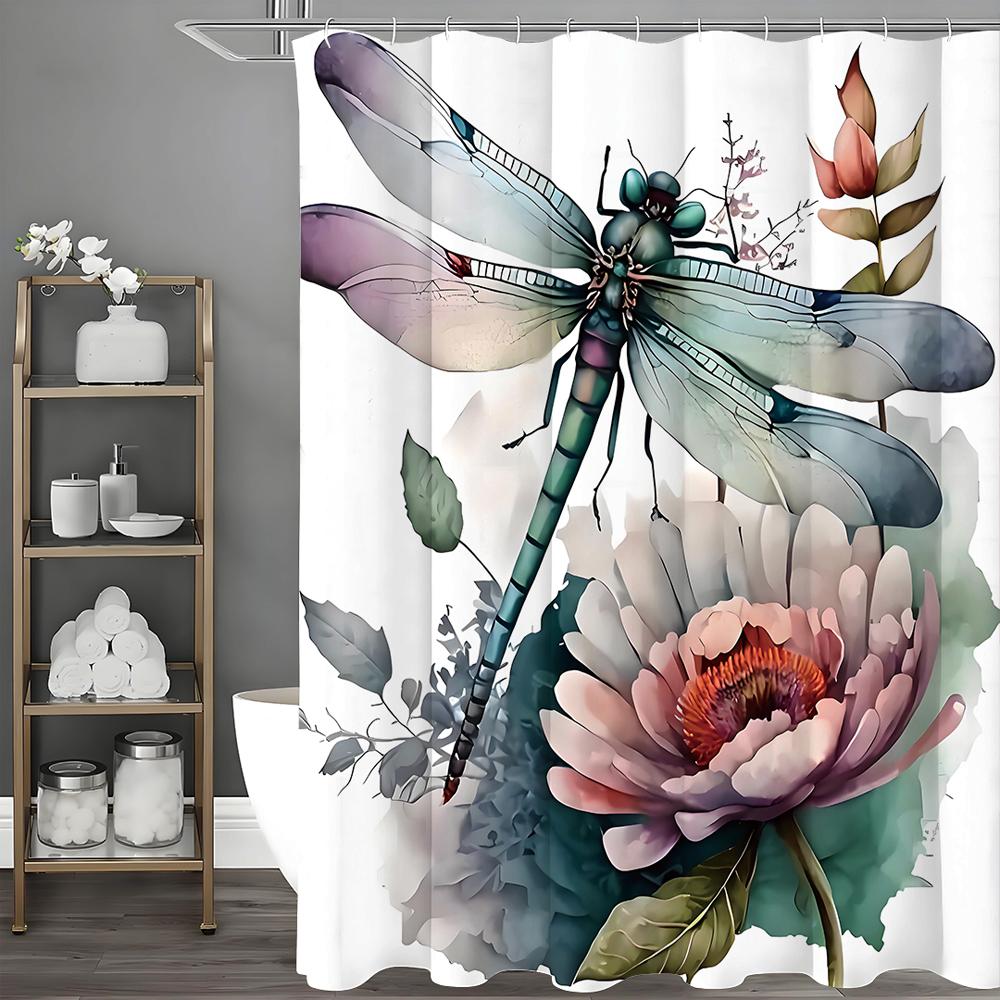 Dragonfly Lotus Watercolor Shower Curtain, Bathroom Decorative Shower Curtain, Waterproof Shower Curtain with Hooks
