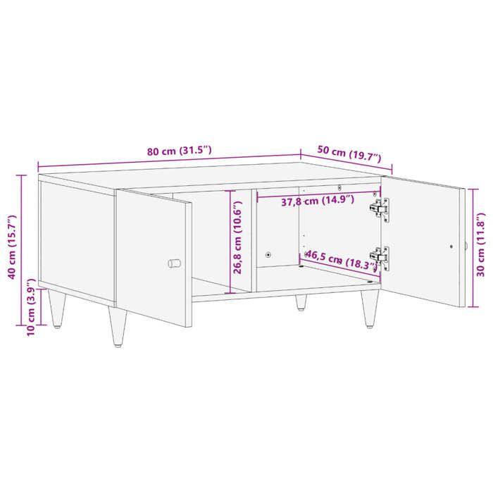 VidaXL Table basse 80x50x40 cm bois de manguier massif, table d'appoint, table de salon, table latérale, bout de canapé, 358325