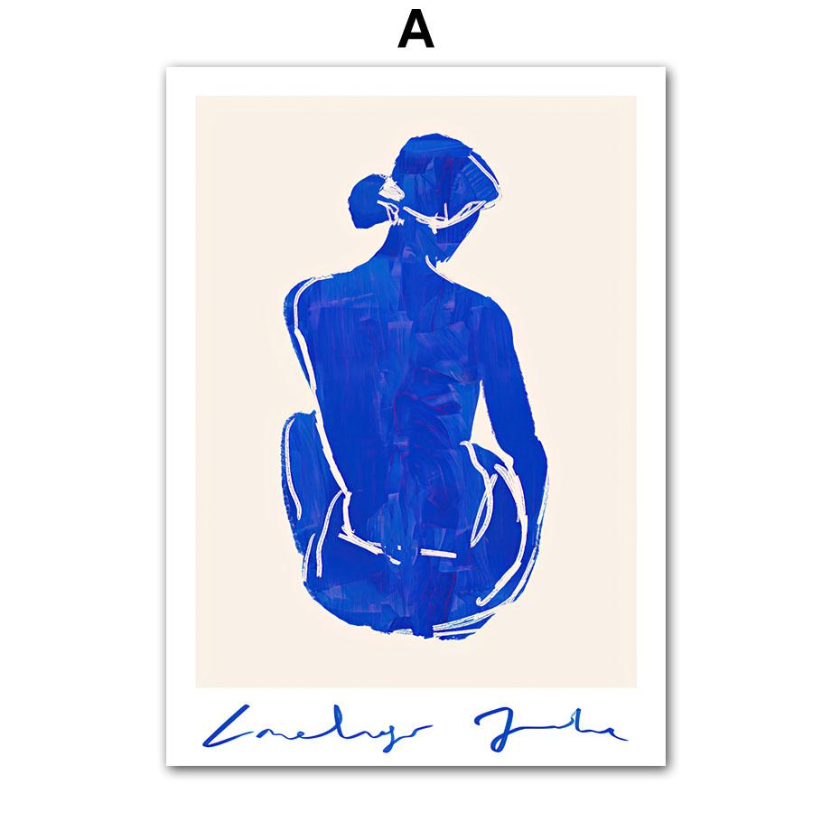 Wall Art Print Canvas Pictures Blue Girl Body Pigeons Line Minimalist Abstract Living Room Home Decoration Painting Poster Salon
