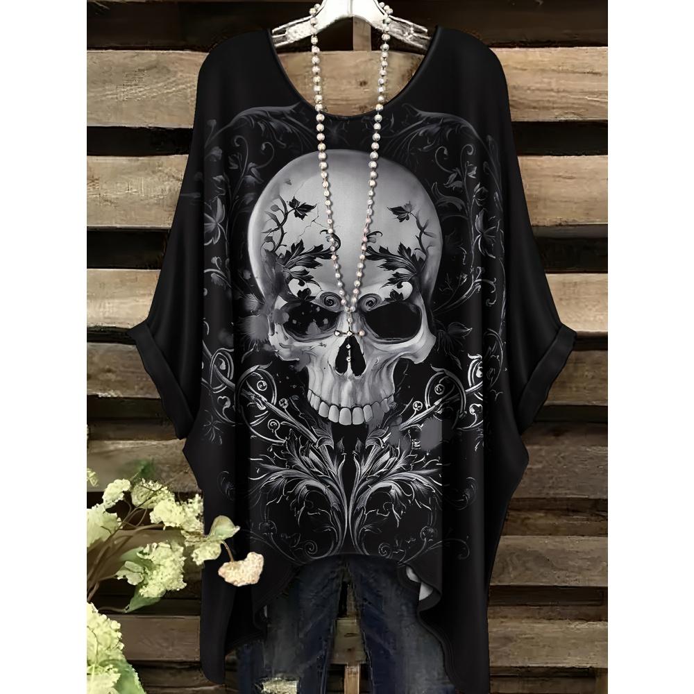 Women's T-Shirt Gothic Style Bohemian Skull Print Loose Irregular Hemline O-Neck Short Sleeved Shirt Oversized Summer Clothes