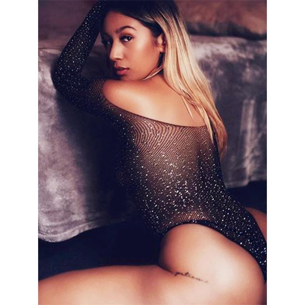 Sexy Erotic Rhinestones Bodysuit See Through Fishnet Long Sleeve Off Shoulder Tights Sexy Lingerie Porn Bodystocking Costumes