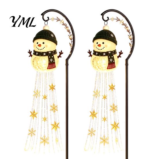 Decorative Resin Snowman Ground Stakes Solar Garden Stake Light, Flowing Waterfall LED Fairy Light with Festive Winter Courtyard Decor Star Snowflake,