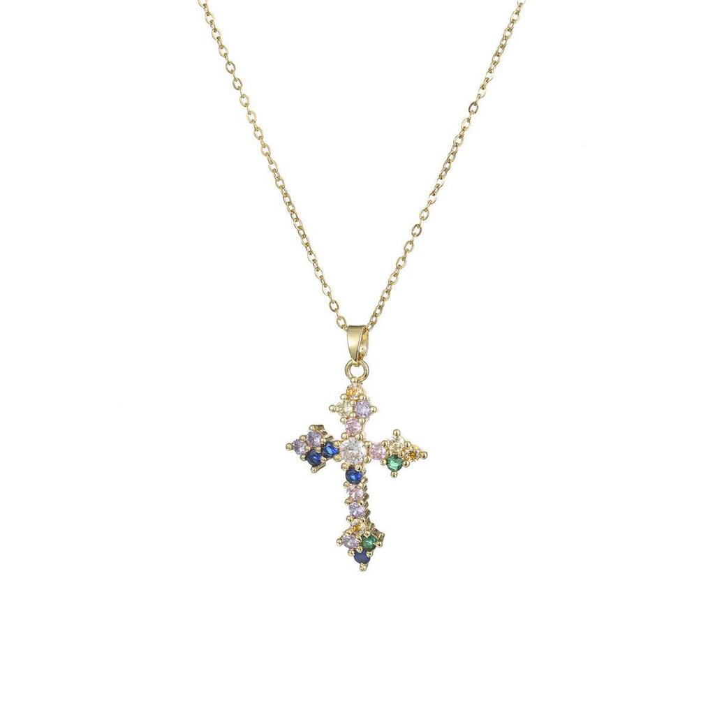 Damen Bunte Zirkon Kreuz Halskette - Nischendesign mit Voll-Diamant-Anhänger an Edelstahlkette