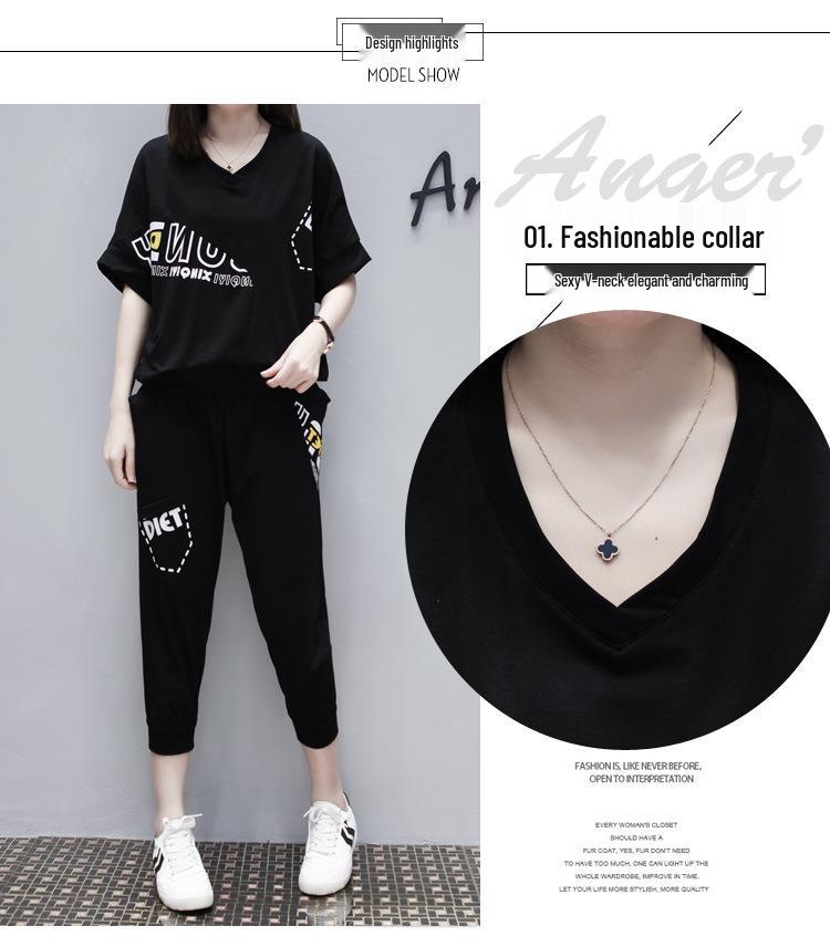 Summer 2024 Korean Style Plus Size Women's Sportswear Set - Short Sleeve Top & Seven-Point Pants