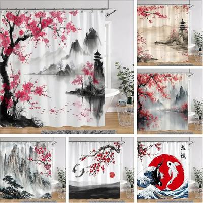 Chinesische Japanische Kirschblüten Tuschemalerei Duschvorhang Landschaft Wellen Kunst Kreativ Polyester Badezimmervorhänge Badezimmer Dekoration