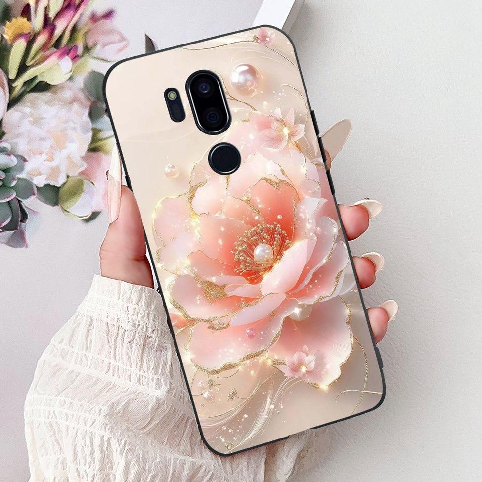 Para LG G7 ThinQ Funda Silicona Negra Gato Lindo Flores de Moda Trasera Pintada Genial Para LG G7ThinQ Funda de Teléfono LMG710EM