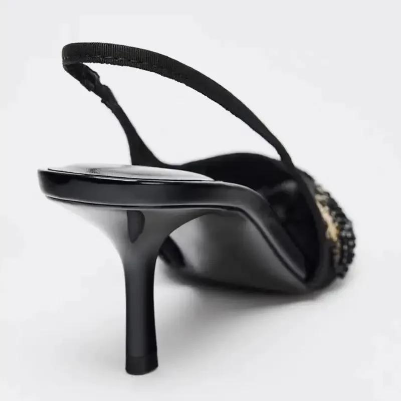 Fashion Fashion Mesh String Bead Embellished Design Heels Women Elegant Pointed Toe Back Strap Slide Sandals Black Party Dress Shoes