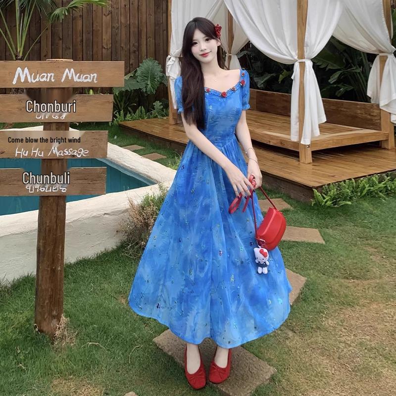 Blue Floral Slip Dress: Light Luxury, High-End Summer Style, Super Beautiful