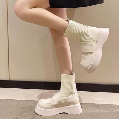 Fashion Short Shoes for Woman White Platform Women's Ankle Boots Booties Round Toe Elastic Chunky Leather Footwear Work Y2k Waterproof