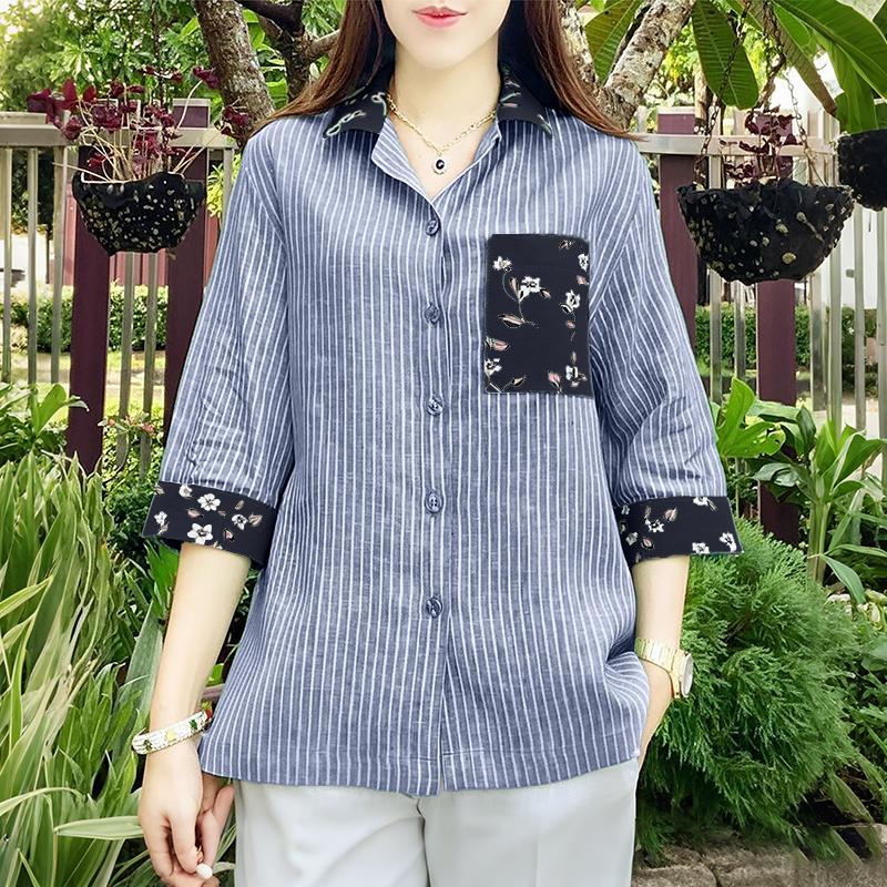 

ZANZEA Women Turn Down Collar 3/4 Sleeve Casual Stripe Blouse 5XL синий