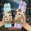 1PC Soft White Beige Wild Flower Print 750ml Color Plastic Sports Water Bottle Leakproof Flip Straw Lid Suitable for Sports Office Home Use