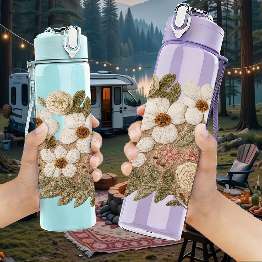 1PC Soft White Beige Wild Flower Print 750ml Color Plastic Sports Water Bottle Leakproof Flip Straw Lid Suitable for Sports Office Home Use