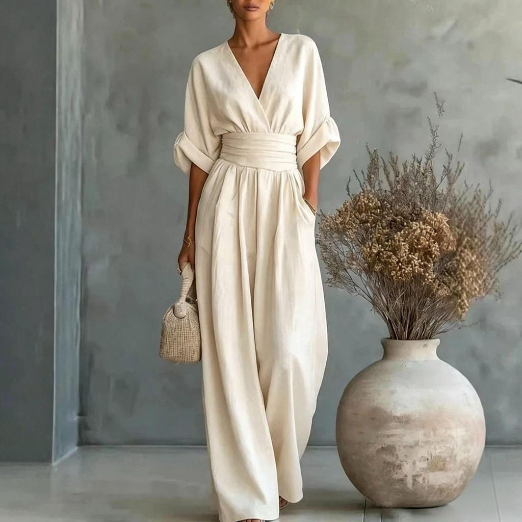 2026 European & American Spring/Summer Elegant Waist-Cinching V-Neck Women's Jumpsuit