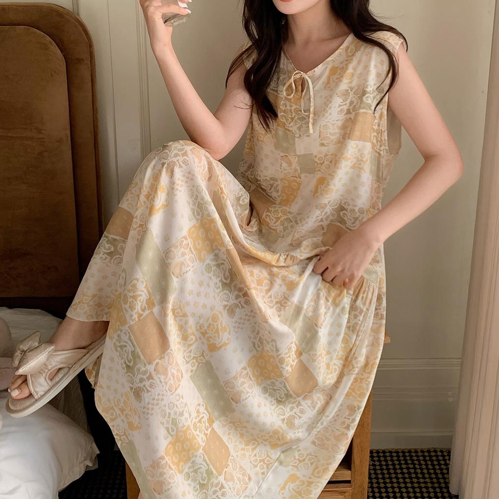 New Chinese sleeveless nightdress women's summer plant flower green cotton silk skirt high-end loungewear national style long skirt thin