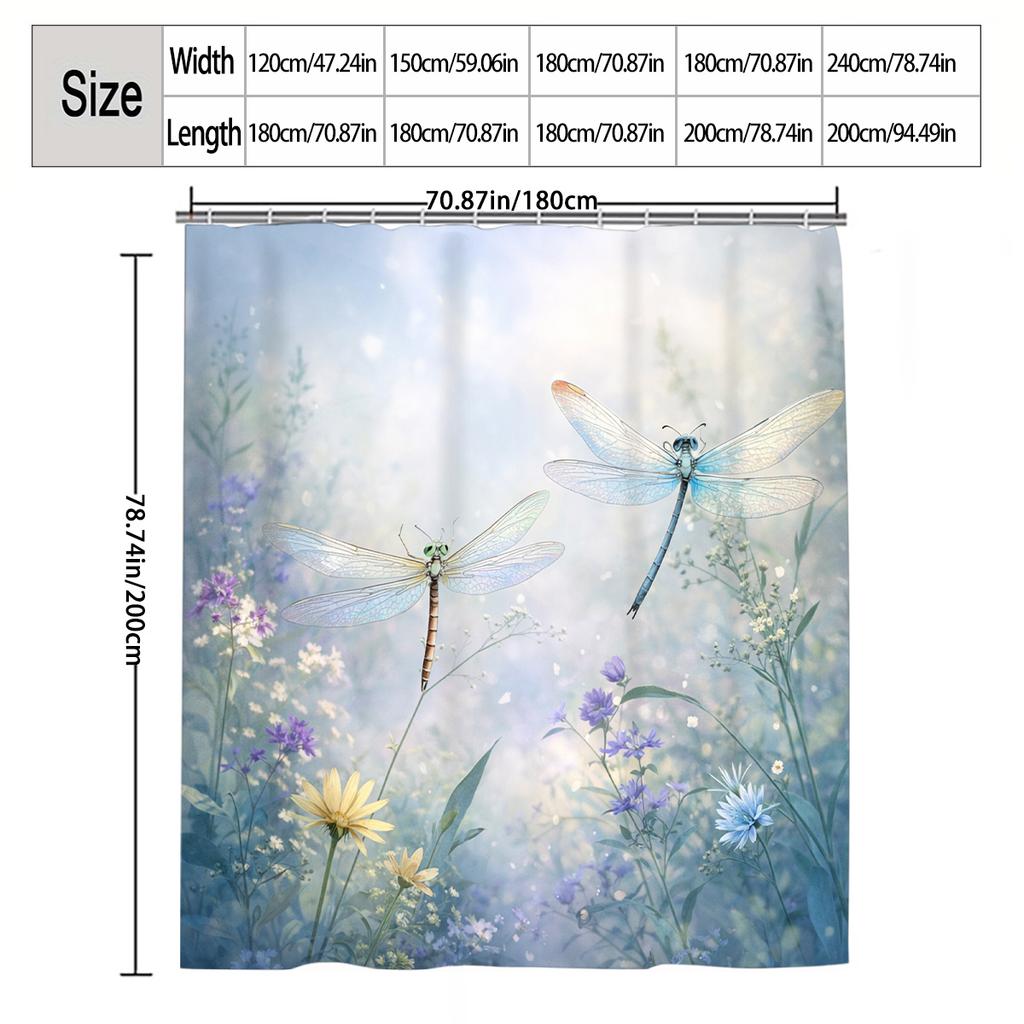 Dragonfly And Flowers Shower Curtain Waterproof Easy To Clean Privacy Protection Print Nature Garden Design Soft Blue Art