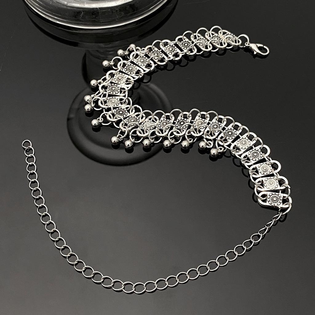 Vintage Silver Plated Bell Choker Necklace, Boho Floral Engraved Drop Choker for Women