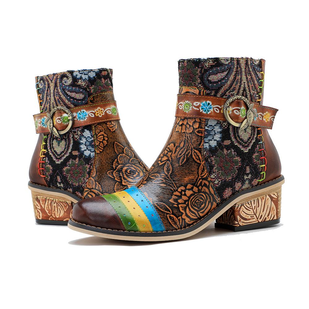 Johnature Handmade Genuine Leather Shoes Printing Contrast Retro Casual Comfort Women's Short Boots