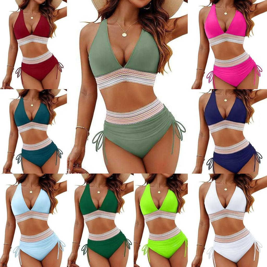 Summer Women Sexy Beachwear Bikini Set Two-Piece Color Block Strappy Swimsuit Swimwear Bathing Suit 17 Colors S-2XL