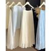 Super Fairy Mesh Yarn Solid Color Pleated Skirt Women's Spring and Summer New High Waist and Thin A Word To Cover the Hips Medium and Long Skirt