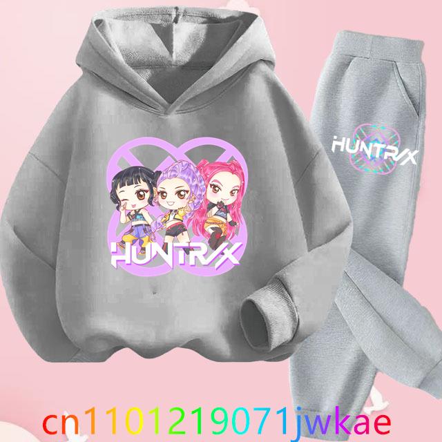 Teen KPop Demon Hunters Hoodies+Pants Sets Boys Girls Korean Anime Movie Hoody Fashion Long Sleeve Kids Hooded Sports Suits